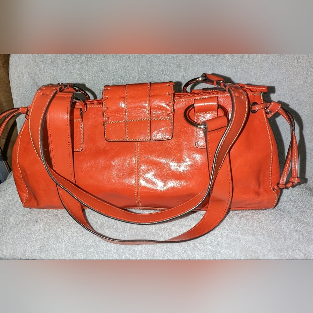 Wilson Leather orange leather triple section handbag . - Picture 3 of 11